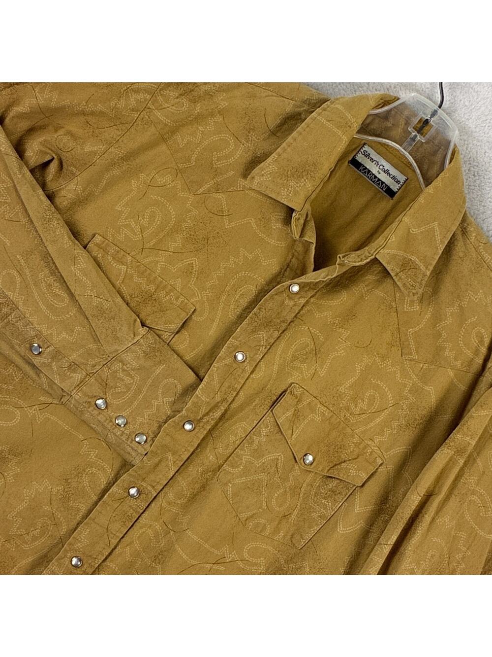 VTG Karman Shirt Mens L 16-34 Tan  Pearl Snap Western Aztec Embroidered USA